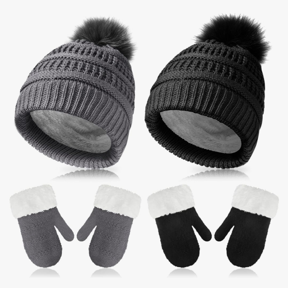 2 Sets Toddler Beanie and Gloves Fleece Lined with Winter Warm Mittens Thick